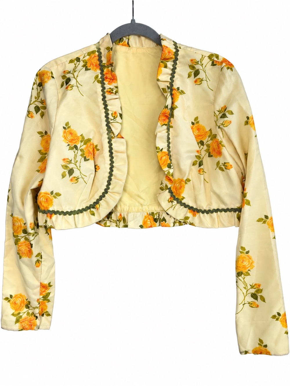 Vintage 1970s Yellow Rose Floral Ruffle Cropped Bolero Jacket Cottagecore